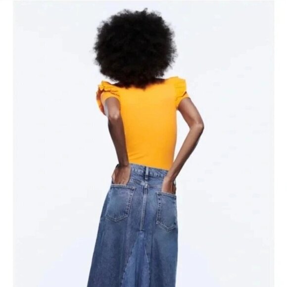 NWT Zara orange ruffle shoulder rib bodysuit, S - Picture 3 of 13